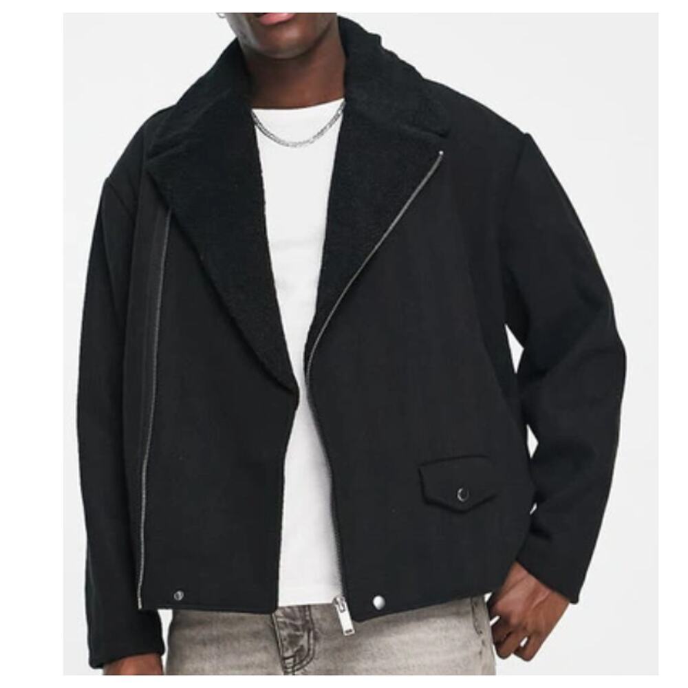 Asos Mens Jacket Coat Moto Full Zip Quilted Black Size Medium Wool Blend NWT